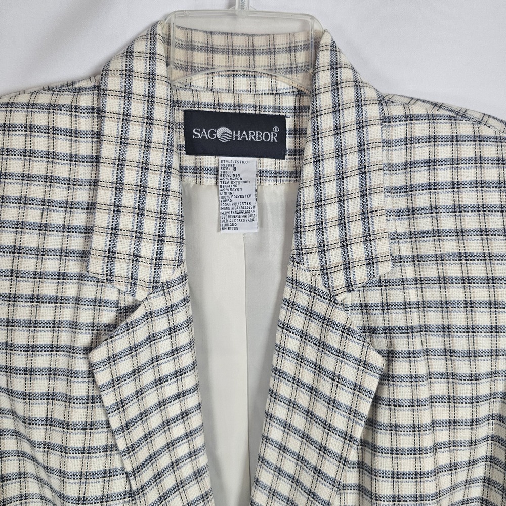 Vintage Blazer Women 8 Plaid Neutral Linen Blend Sag Harbor Jacket Lined Pockets - Picture 4 of 8